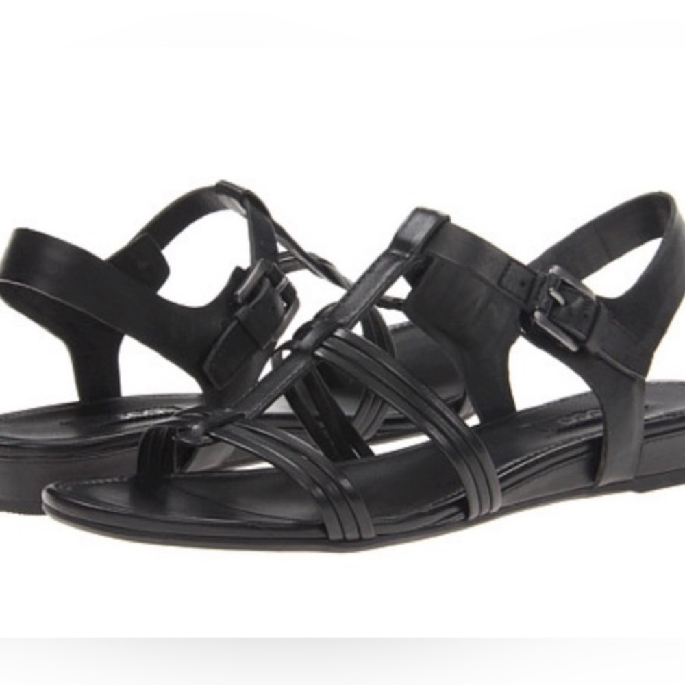 ECCO Damara Black Leather Gladiator Flat Sandals Womens 41 Strappy Buckle